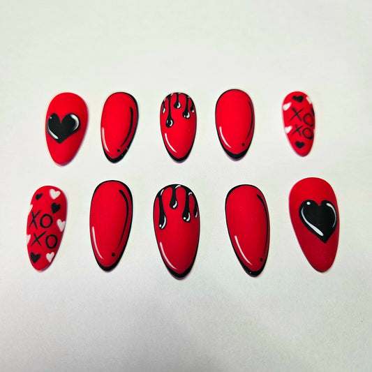 Comic Pop-Art Red/Black Heart Press-on Nails Custom Shape