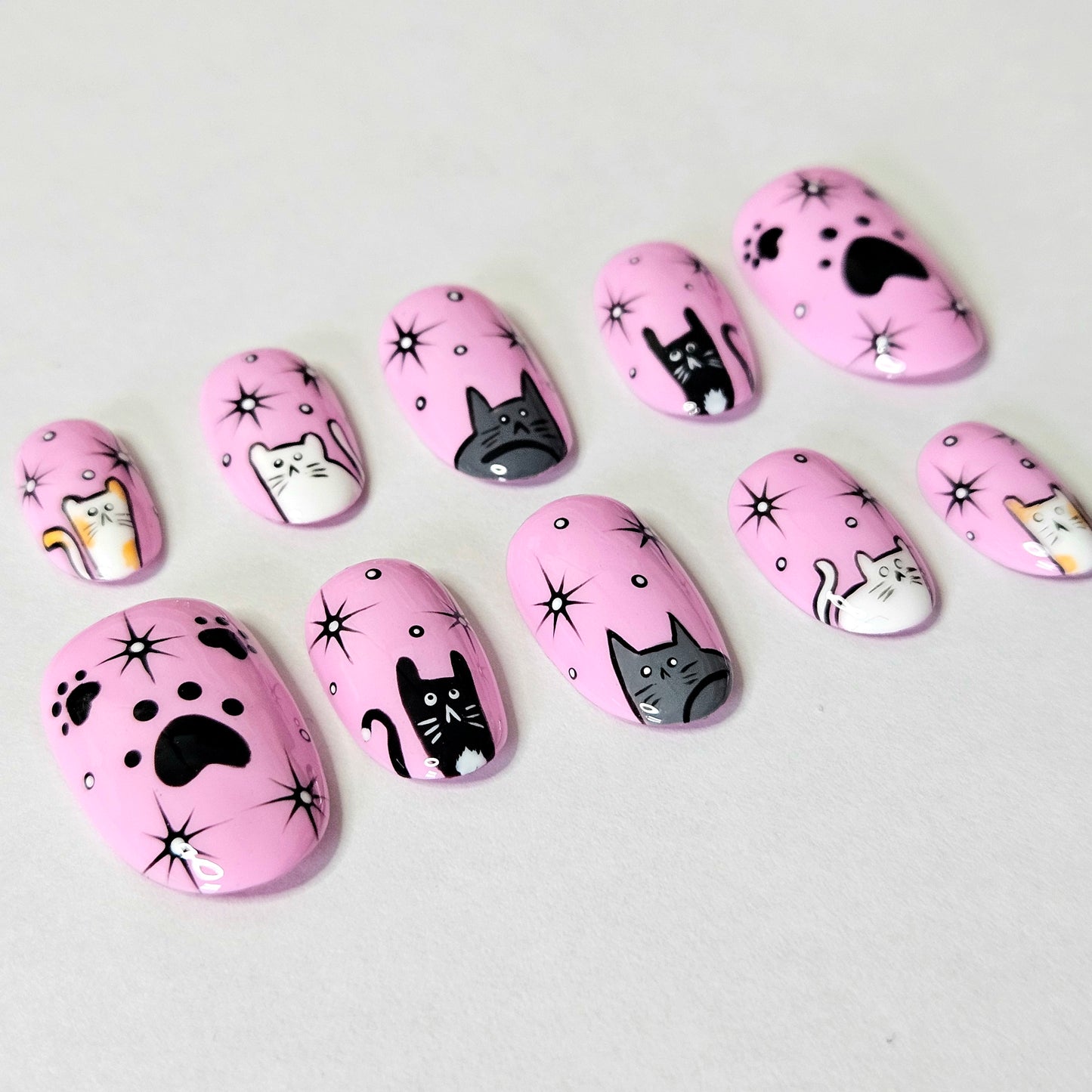 Pink Cats and Paws Press-On Nails Custom Shape and Customizable Cats