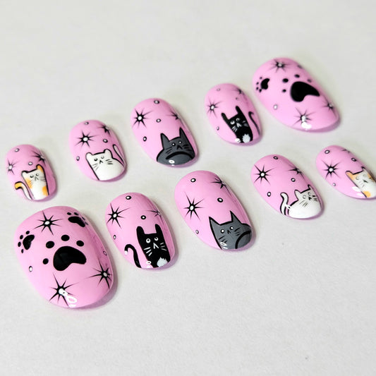 Pink Cats and Paws Press-On Nails Custom Shape and Customizable Cats
