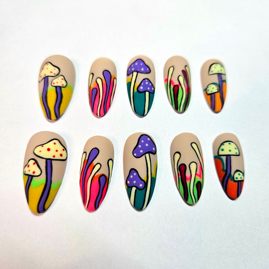Trippy Hippy Mushroom Press-On Nails Custom Shape