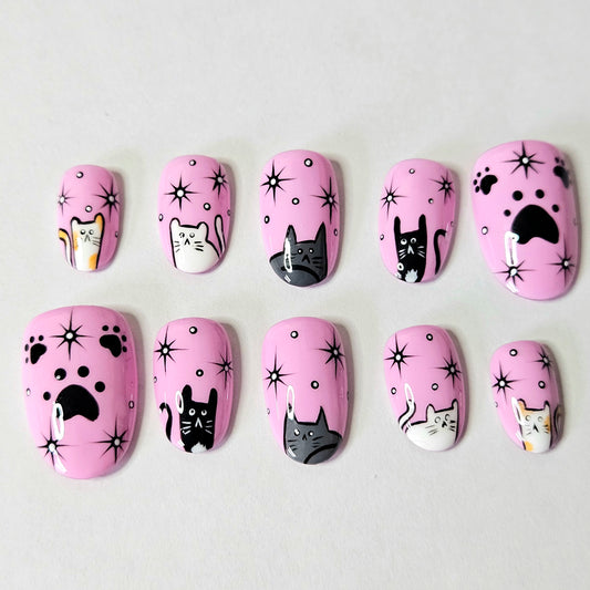 Pink Cats and Paws Press-On Nails Custom Shape and Customizable Cats