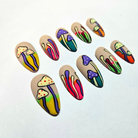 Trippy Hippy Mushroom Press-On Nails Custom Shape