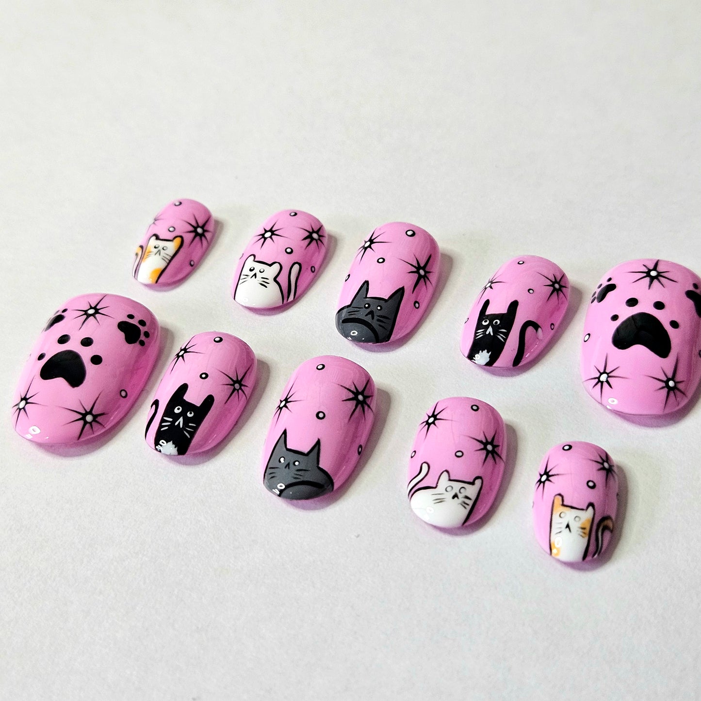 Pink Cats and Paws Press-On Nails Custom Shape and Customizable Cats